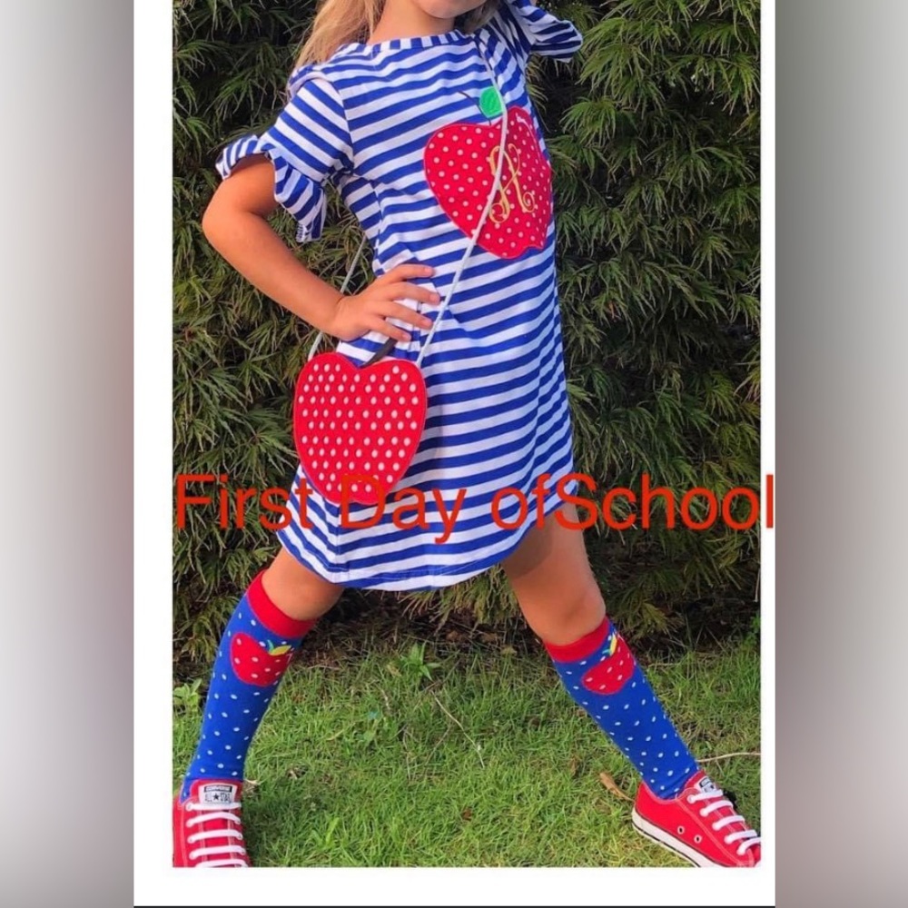Blue and White Apple Dress “A” monogram.